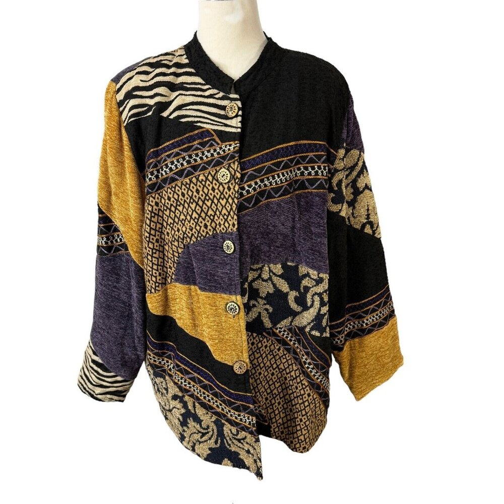 Indigo Moon Patchwork Size 1x Jacket Blazer Gold … - image 1